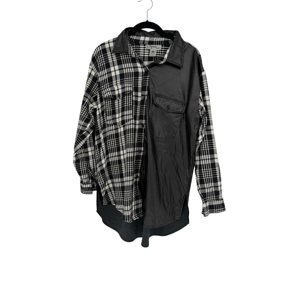 Spoon Jeans Womens Black White Plaid Faux Leather Split Mixed Media Shirt Medium
